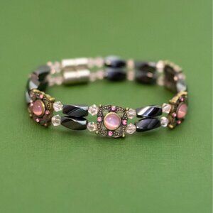 7 1/2 inch, Vintage Pink Faux Gems Marcasite Beads Unique Bracelet - K46